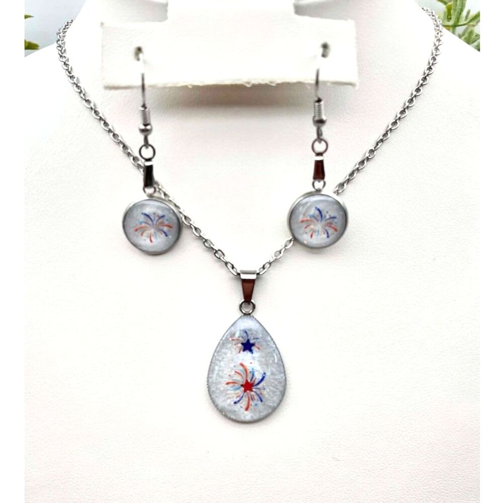 Handmade Patriotic Fireworks Resin Teardrop Necklace & Earrings Set